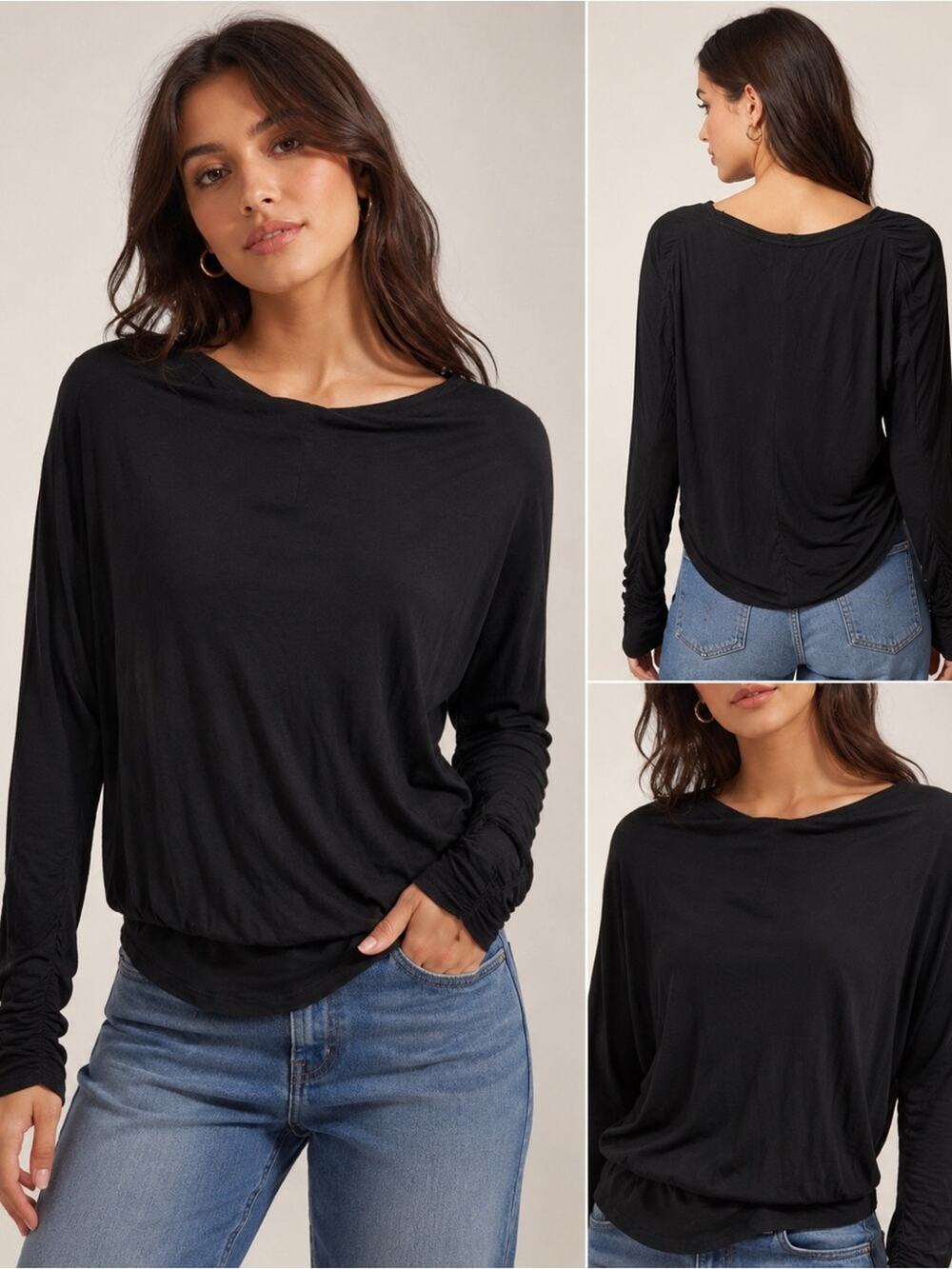 Anthropologie Maeve Womens Black Round Neck Ruched Sleeve Blouse Top